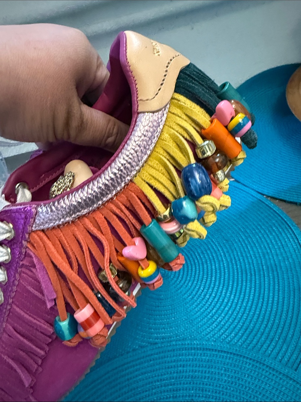 NEWKurt Geiger London Islington Suede Beaded Tassel Fringe Sneakers Fuschia- 9.5 - Picture 5 of 8